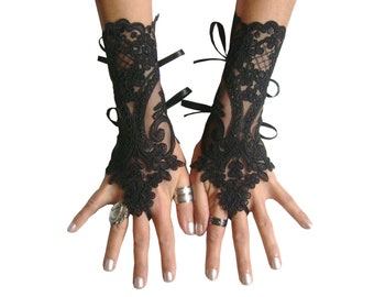 Black or ivory lace gloves french lace  bridal  lace wedding fingerless gothic gloves black camarilla  burlesque  vampire glove guantes 250