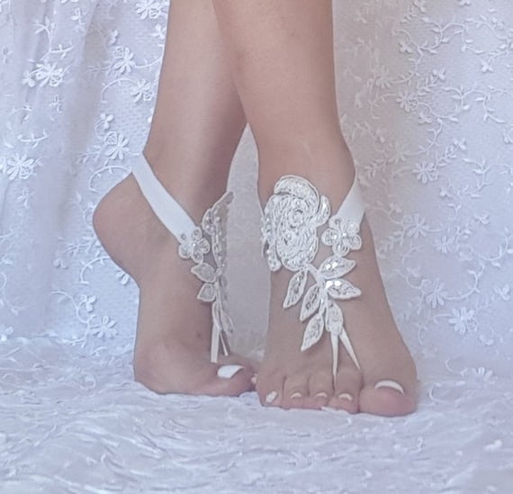 ivory beach wedding barefoot sandals, embroidered with pearls lace sandals, bridal lace anklet sandals, lace barefoot sandals, beach bridal