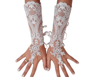 Gants longs en dentelle ivoire, gants de mariée, gants en dentelle, gants sans doigts, gants ivoire, gants en dentelle français, gants longs, mitaines en dentelle,