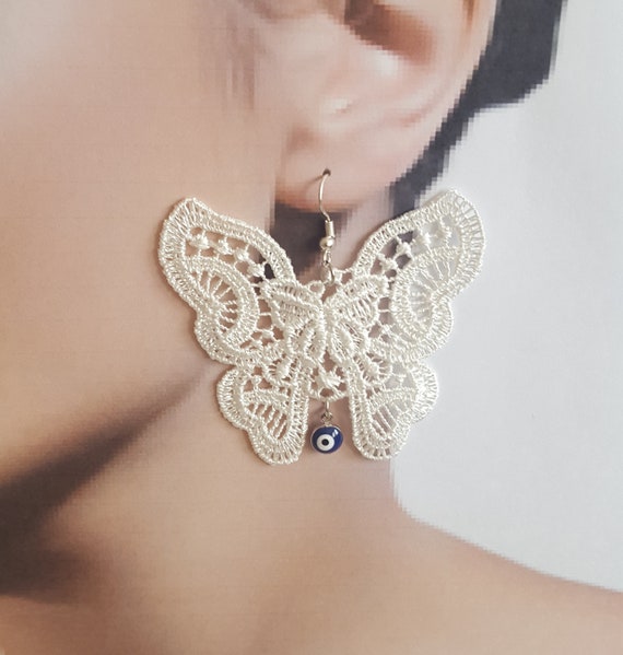 ivory butterfly evil eye Bridal earrings, jewelry, lace earrings, wedding, lace jewelry, wedding gift handmade, costume jewelry, bohemian