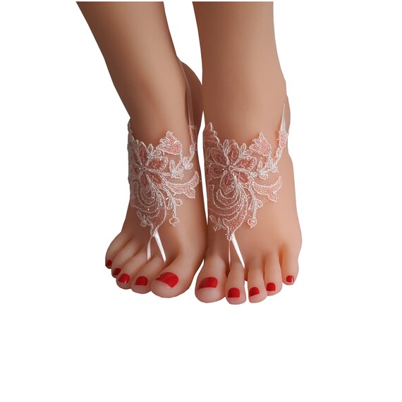 crystalline shining blush pinkish ivory lace barefoot, anklet, Beach wedding sandals, bangle, wedding anklet, blush accessory wedding