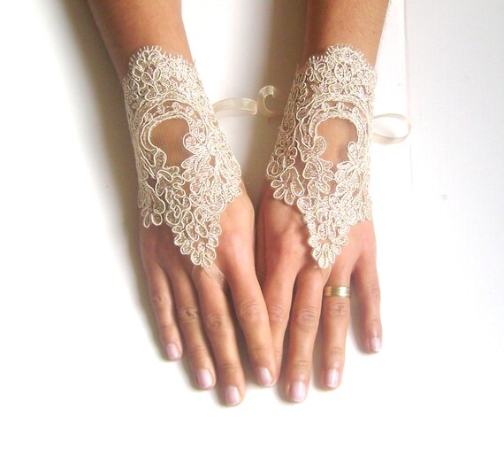Wedding gloves Champagne bridal gloves fingerless lace gloves french lace gloves free ship 0023