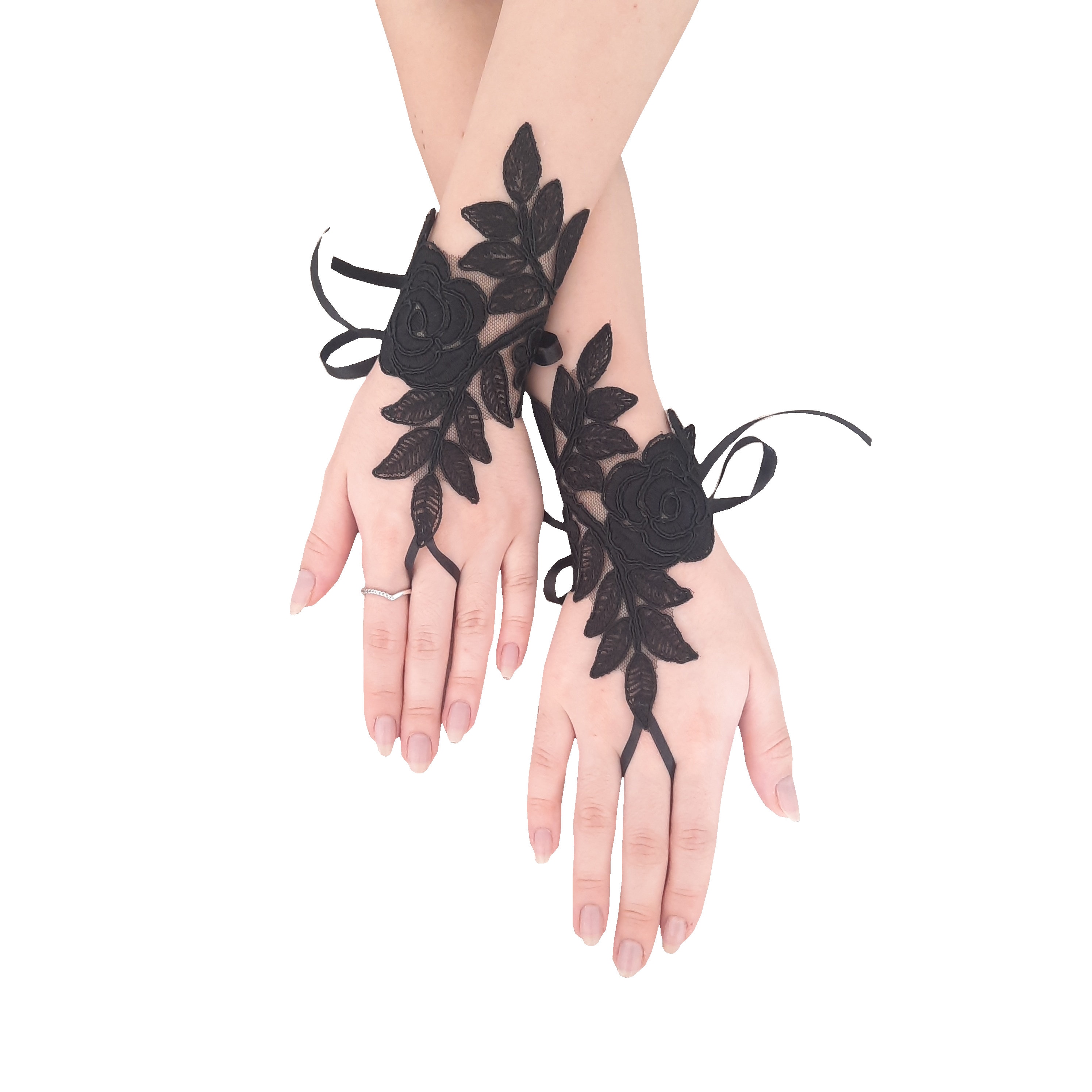 Gothic Lace Fingerless Gloves, Black With Rose and Leaf