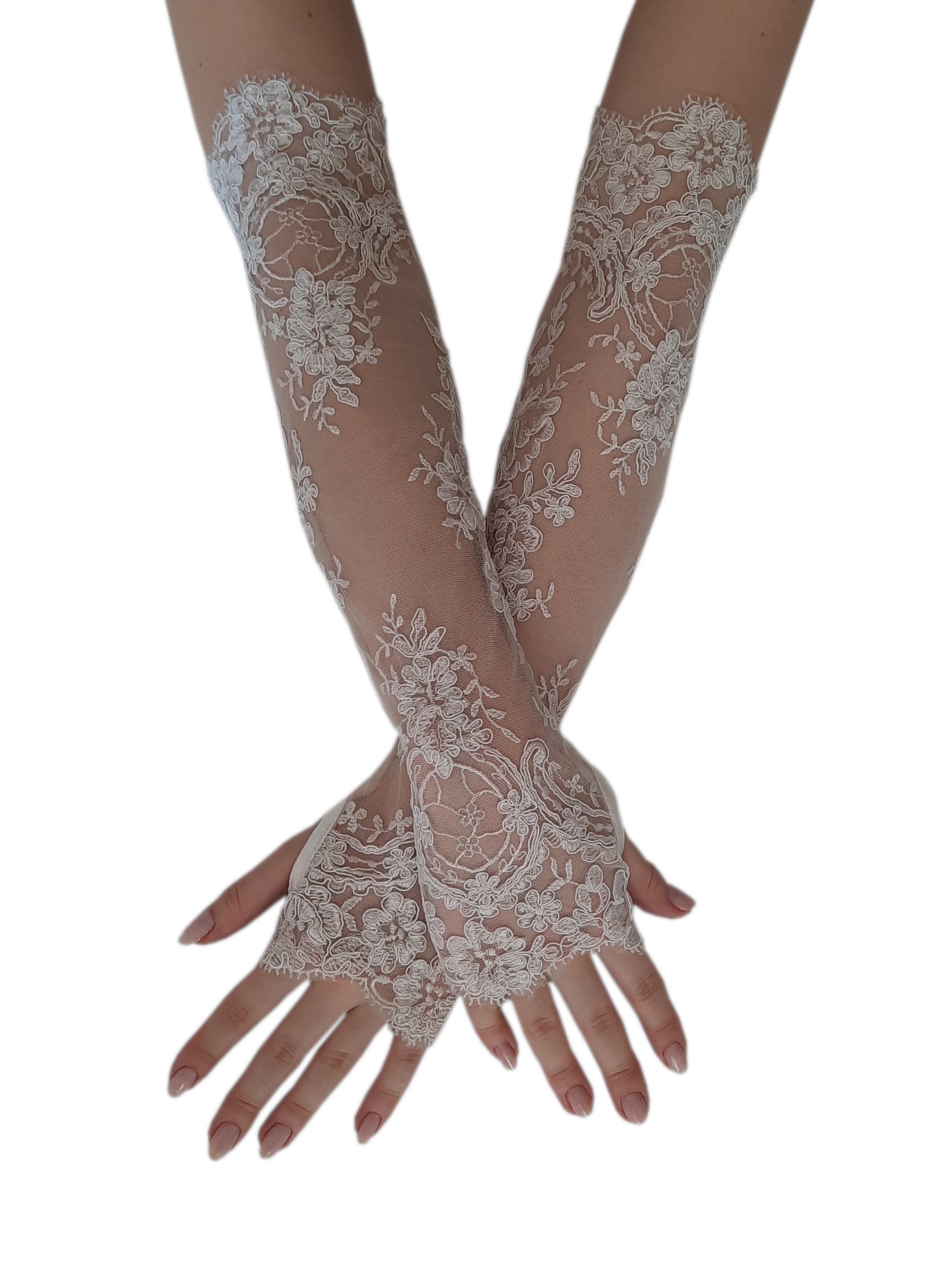 Ivory 10 Inches Lace Gloves-GLOVE-25- Sun Yorkos