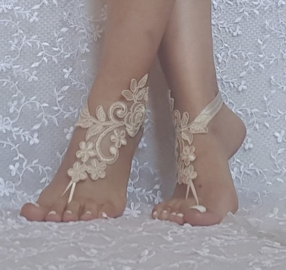 ivory or Champagne beach wedding lace barefoot sandals, bridesmaid gift, bridal shoes, dress accessories, woman gift, prom, tea party, gift