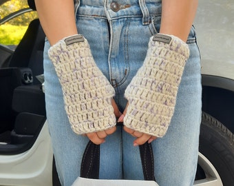 Winter gloves white lilac cozy arm warmers   artisanal crochet fingerless mittens handcrafted fingerless winter gloves Size S