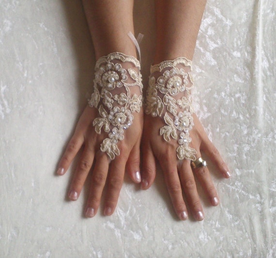 cappuccino Wedding gloves beaded pearl bridal gloves fingerless lace gloves cappuccino gloves french