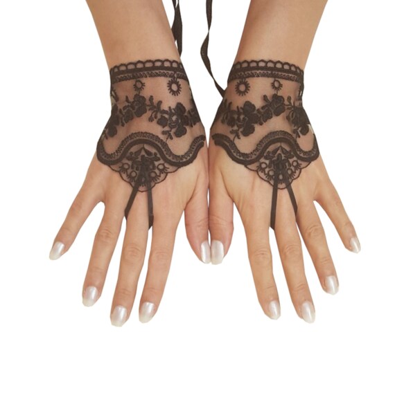 Black or ivory, light beige tulle lace glove embroidery bridal wedding fingerless burlesque body tattoo romantic bridesmaid glove