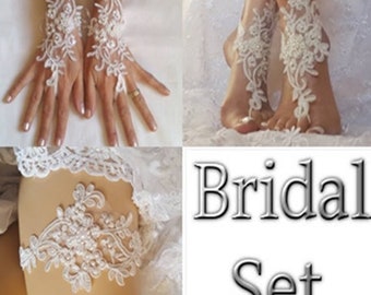 Bridal set, ivory garter, bridal , beach wedding, barefoot sandal, lace shoe, bridal accessories, lace gloves, lace barefoot, lace garter