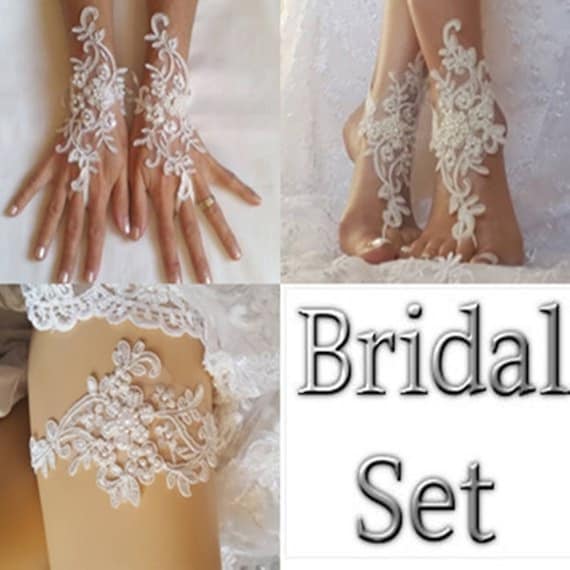 Bridal set, ivory garter, bridal , beach wedding, barefoot sandal, lace shoe, bridal accessories, lace gloves, lace barefoot, lace garter