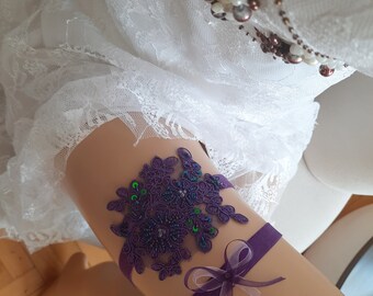 Purple Garter Set, Beaded Sequin Bridal Leg Garter, Wedding