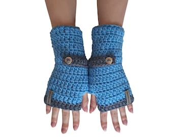 Crochet fingerless winter gloves grey blue warm gloves Size S