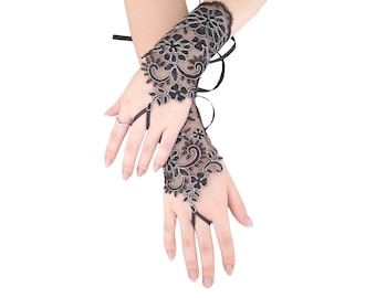 Elegant Black Lace Fingerless Gloves: Silver Trim Special Occasion