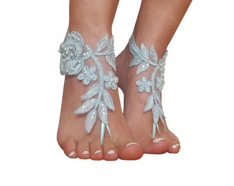 Aqua blue beach wedding barefoot sandals, bridal shoes, bridesmaid gift, beac wedding, lace bangle, lace ankle, beaded barefoot sandal