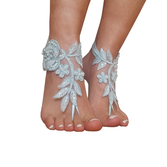 Aqua blue beach wedding barefoot sandals, bridal shoes, bridesmaid gift, beac wedding, lace bangle, lace ankle, beaded barefoot sandal