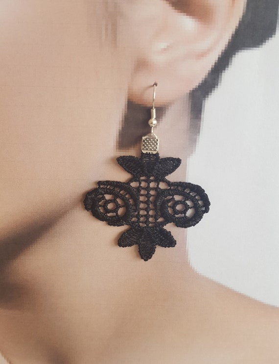 gothic black earrings, jewelry, lace earrings, lace jewelry, lace jewelry handmade, costume jewelry, gothic earrings, halloween gift costume