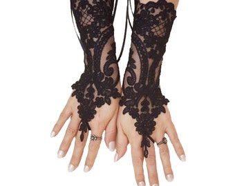 Gants en dentelle noire, gants de mariée en dentelle française, gants sans doigts « High Quality Lace Gloves », gants noirs, gant burlesque, gothique guantes