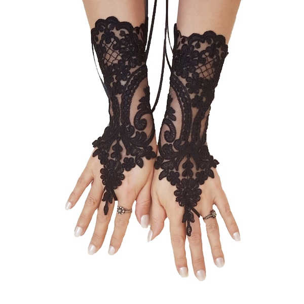 Gants en dentelle noire, gants de mariée en dentelle française, gants sans doigts « High Quality Lace Gloves », gants noirs, gant burlesque, gothique guantes