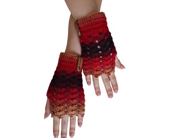 Fingerless crochet gloves  soft and stylish handwear for cool weather red beige burgundy mittens short arm warmers Size S