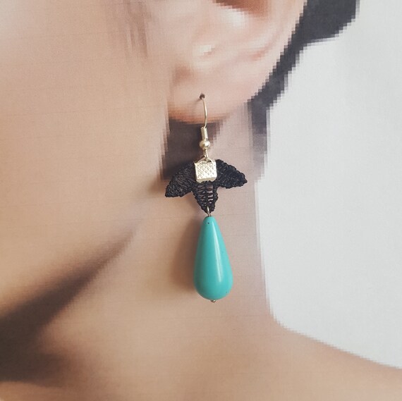 gothic turquoise earrings, jewelry, lace earrings, lace jewelry, handmade, costume jewelry, gothic earrings, halloween gift costume drop