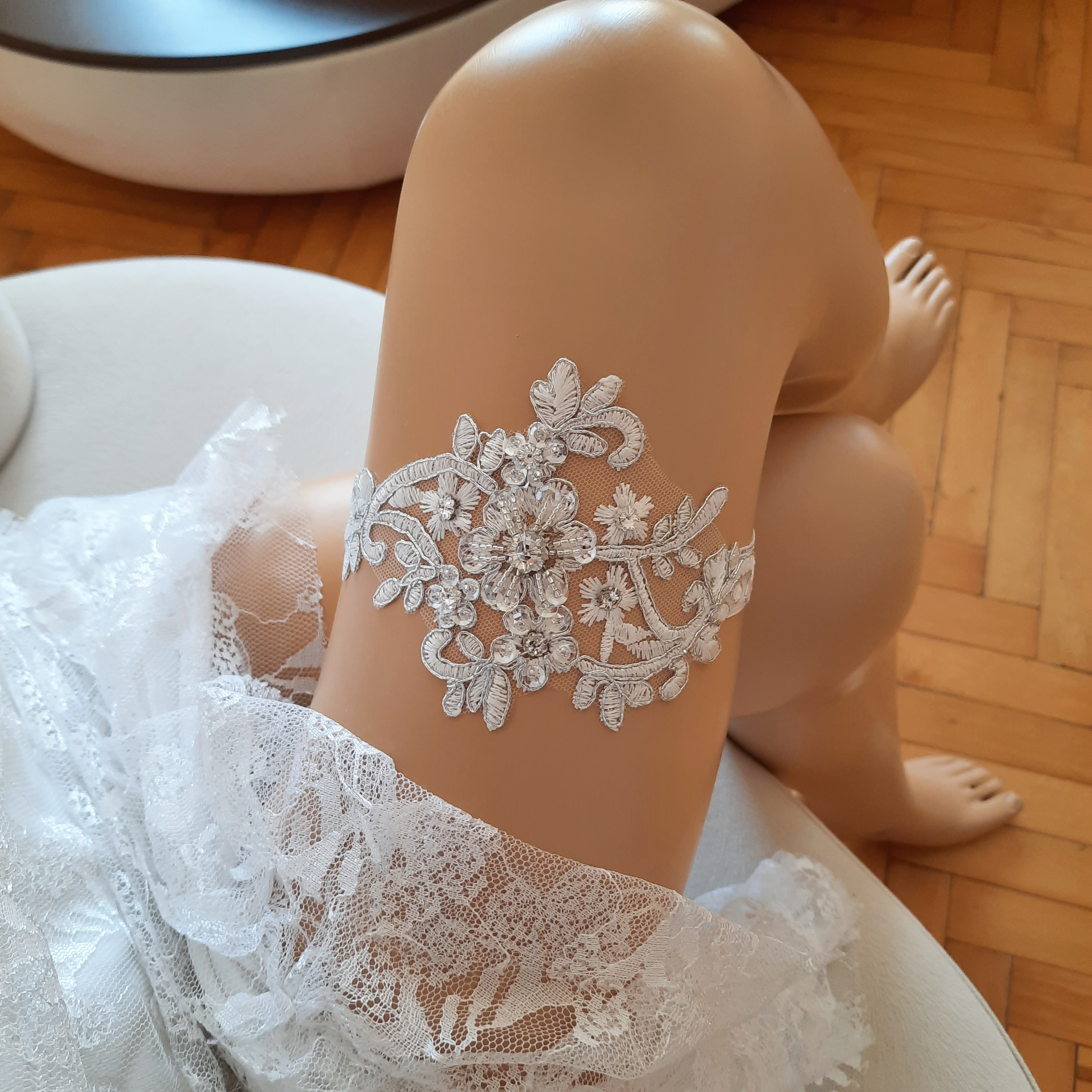 Ivory Tulle Wedding Garter Set | Romantic Garter for Bride Add Matching Tossing Garter (+$32) / Do Not Add Embroidery / Small (14 - 18 Inches)