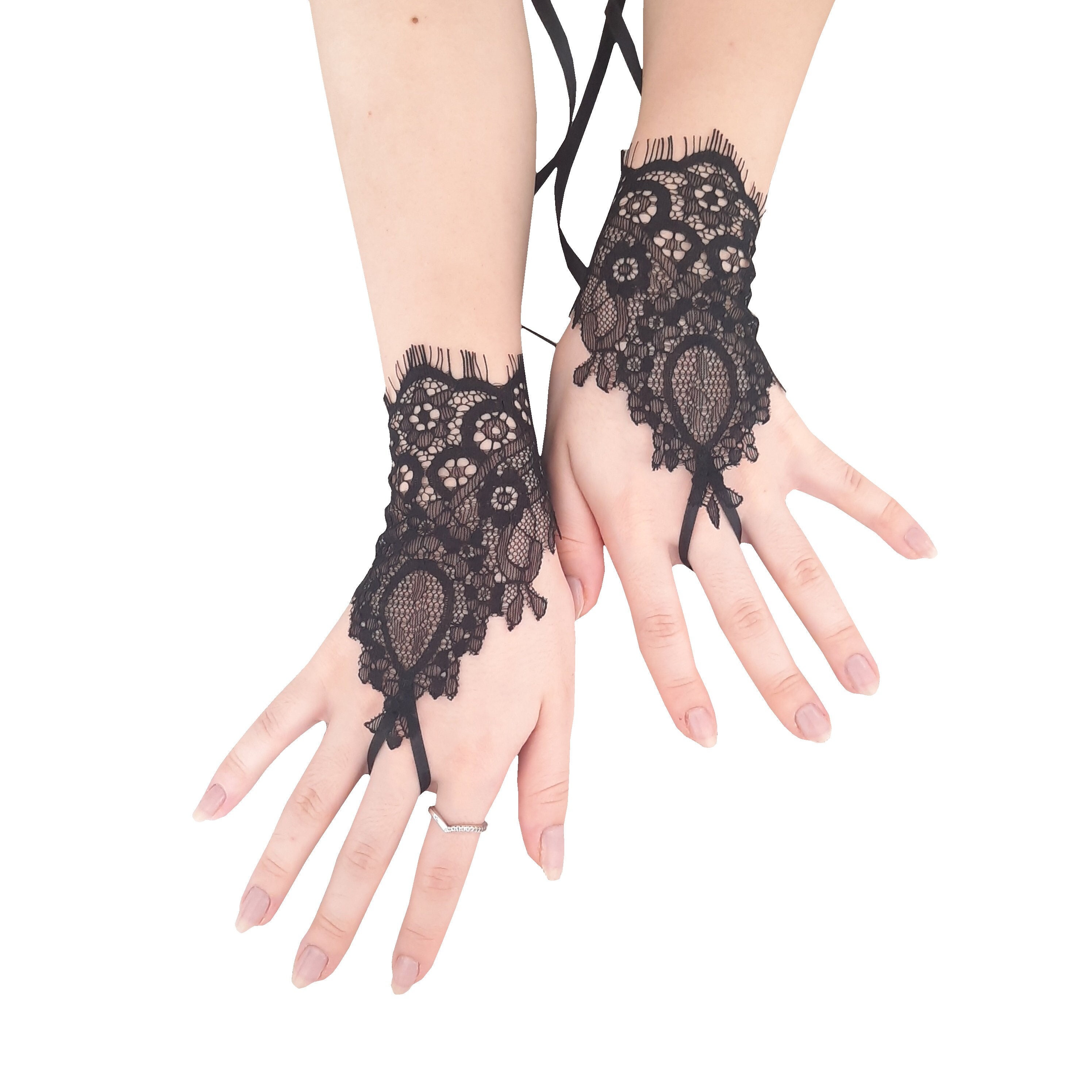 Elegant Black Fingerless Gloves, Made With Fine Lace