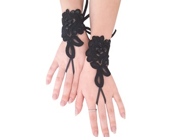 Duty Free Black Gothic Lace Fingerless Gloves with Sequin and Bead Embellishments wrist cuffs
