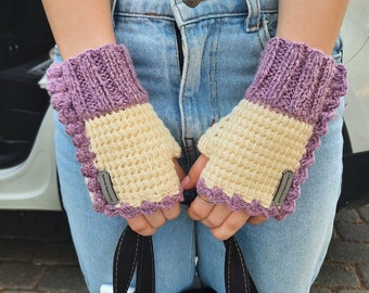 Soft warm cream lilac fingerless knit gloves handcrafted winter mittens for cold weather   stylish short design women's   accessories