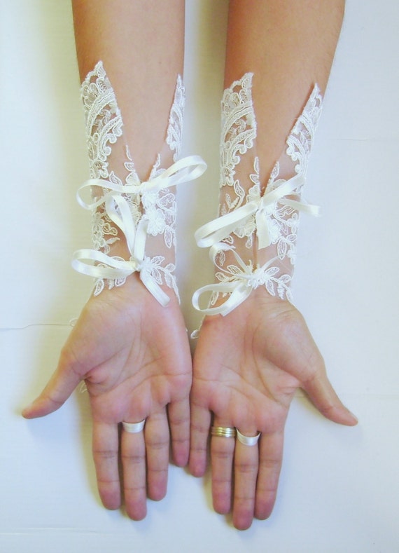 Handmade Ivory Satin Fingerless Bridal Wedding Gloves – Elbow Length – Pearl Accents