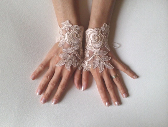 Wedding gloves Champagne bridal gloves fingerless lace gloves french lace gloves cuffs for bride