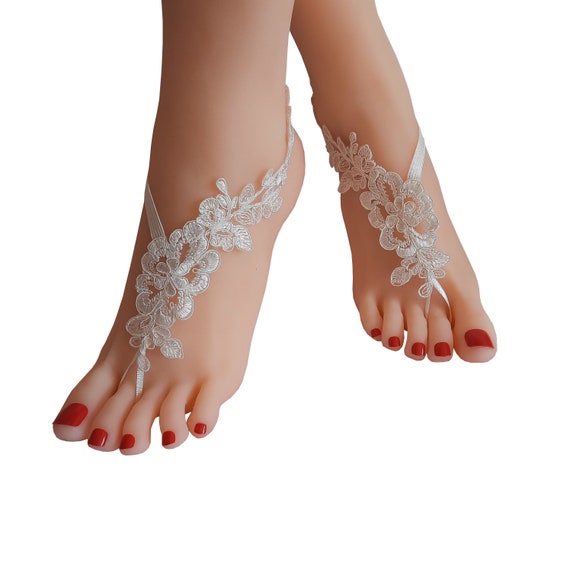 ivory beach wedding barefoot sandals, beach wedding, bridal barefeet sandals, lace anklet, beach lace shoe, beach bridal shoe, beach
