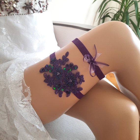 Purple garter set, beaded sequin bridal leg garter, wedding garter, garter for wedding, purple gothic garter belt, costume garter belt