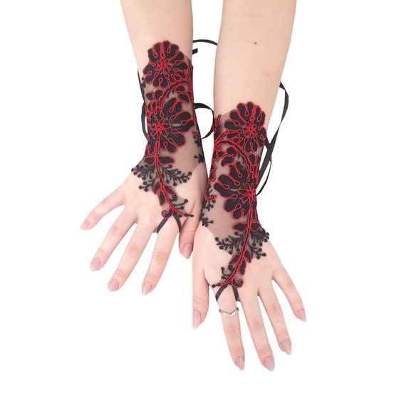 Black Red Gothic Lace Fingerless Gloves - Symbol of Love