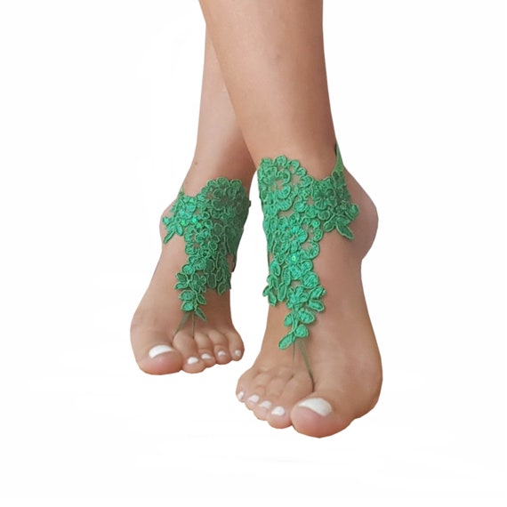 Christmas party, beach wedding, lace barefoot sandals, bridal barefoot sandals, pine green, green lace shoe, beach shoes, bridesmaid gift