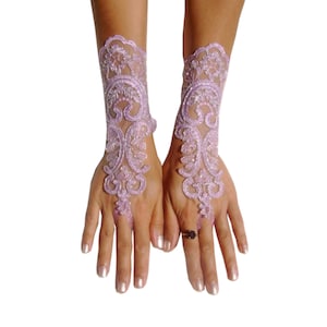 Duty Free Lavender  gloves lilac bridal gloves light purple fingerless lace gloves french lace  silver frame, bridesmaid dresses, glove