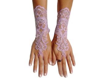 Lavender  gloves lilac bridal gloves light purple fingerless lace gloves french lace  silver frame, bridesmaid dresses, glove