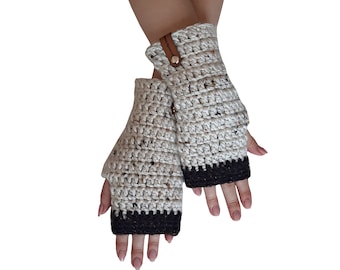 Cozy knit fingerless gloves in  Stone color  with dark brown border   soft and stylish winter handwear winter mittens