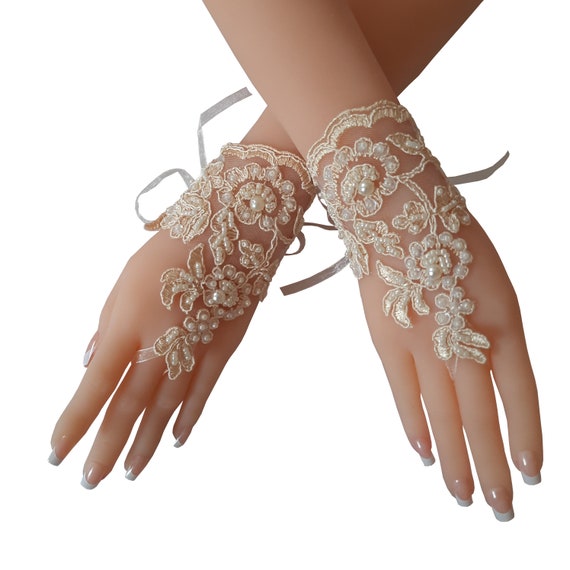 Lace gloves, old gold lace gloves, pearl beaded bridal gloves, fingerless lace gloves, womens gloves lace, engagement gifts