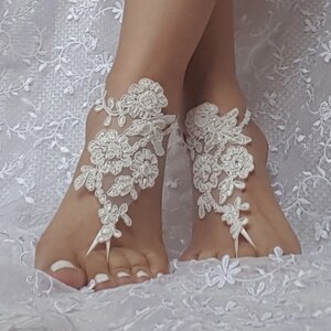 Beaded Barefoot Sandals, White or Ivory Bridal Lace Sandals, Barefoot ...