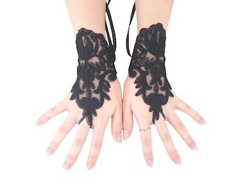 Black Mystic Water Lily Lace Fingerless Gloves - Perfect for gothic wedding and Special Nights