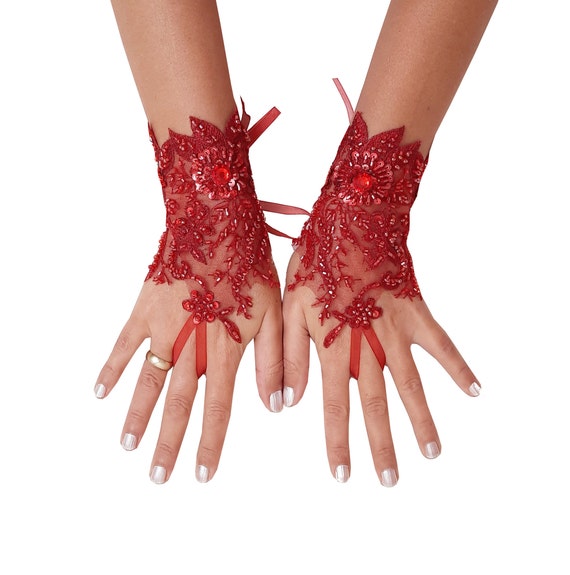 Blood red, lace gloves, beaded gloves, fingerless gloves, bridal gloves, ,christmas accessory , xmas party, rhinestone gloves