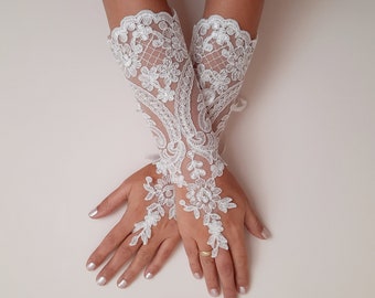 Ivory French Lace Bridal Gloves - Long Fingerless Wedding Gloves