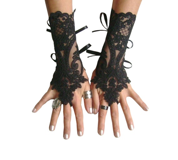 Black or ivory lace gloves french lace bridal lace wedding fingerless gothic gloves black camarilla burlesque vampire glove guantes 250