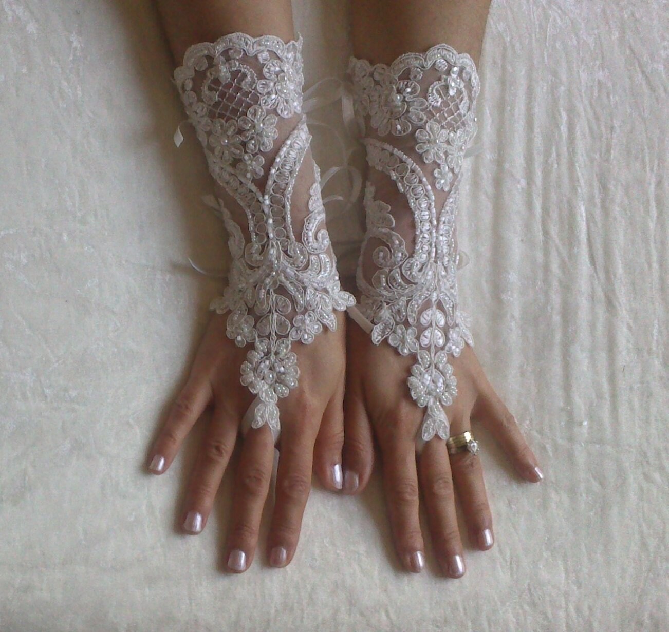 Victorian Lace and pearl Bridal Gloves Steampunk Wedding Costume