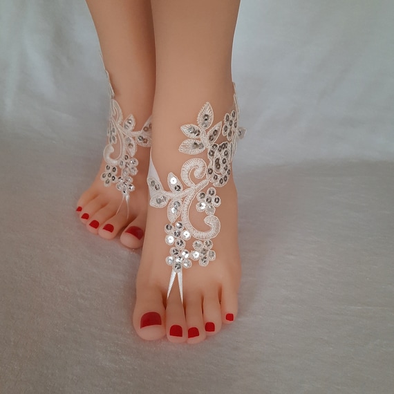 Beach wedding, ivory or white, barefoot sandals, beach shoe, bridal shoes, lace barefoot sandals, wedding, prom, party, lace anklet, sequin