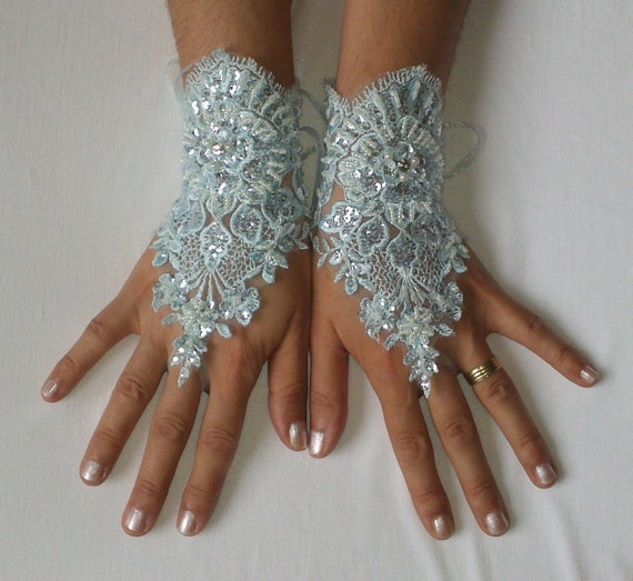 Aqua Blue beaded Wedding gloves, bridal lace gloves fingerless gloves something blue french lace birdesmaid gift gauntlets guantes