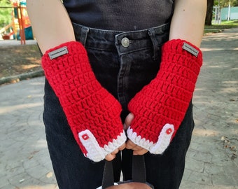 Cozy Red  White Crochet fingerless Gloves for Winter and Christmas Celebrations Size M