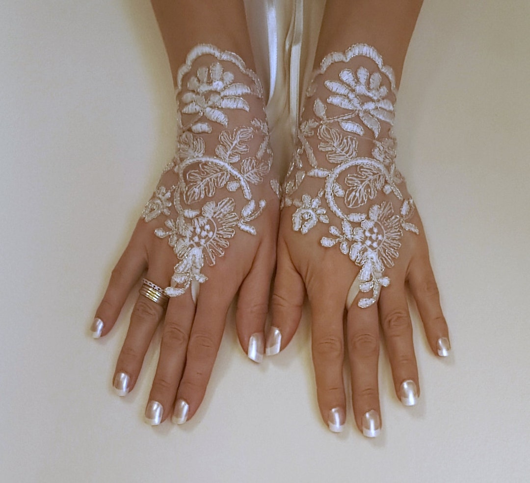 Ivory Gold Frame Wedding Gloves Bridal Gloves Lace Gloves