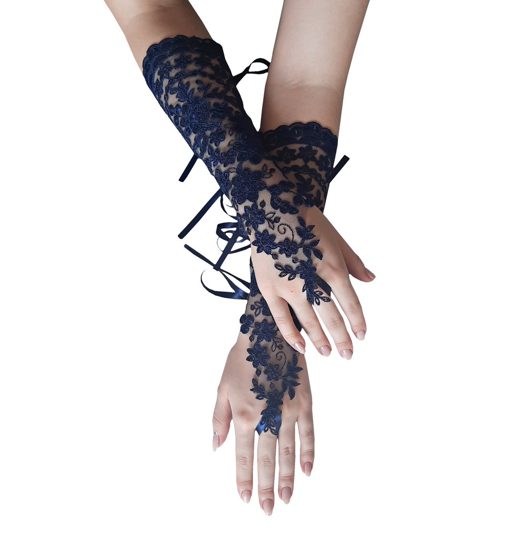 Navy Blue Embroidered Lace Evening Gloves Bridal Gloves Bridesmaid Gift