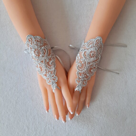 Silver Wedding gloves bridal fingerless lace light gray grey prom party belly dance burlesque steampunk lolita beach party showgirl party